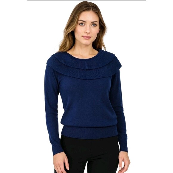 Vintage 80s Lord & Taylor Lambswool Sweater Blue  Portrait Tiered Collar Small - Picture 1 of 6